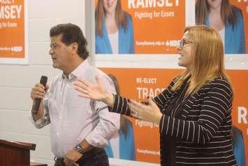 Unifor national president Jerry Dias and Essex NDP candidate Tracey Ramsey speak to supporters at the Essex Centre Sports Complex, October 11, 2019. Photo by Mark Brown/Blackburn News.