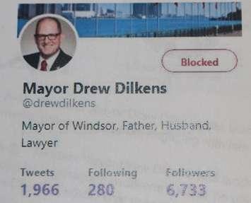 A photo of Windsor Mayor Drew Dilkens twitter page taken from a complaint to the Integrity Commissioner, May 9 2018.  (Photo by Adelle Loiselle)