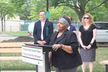 Black Council of Windsor Essex Board Member Lana Talbot tells stories about the McDougall Street Corridor during an event at Alton C. Parker Park in Windsor, July 28, 2022. Photo by Mark Brown/WindsorNewsToday.ca.