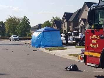 Police investigate a fatal pickup truck crash on Monty St. in LaSalle, August 10, 2017. (Photo courtesy of the LaSalle Police Service via Twitter)