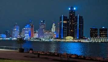 Downtown Detroit is shown from Windsor on the second night of the NFL Draft, April 26, 2024. Photo by Mark Brown/WindsorNewsToday.ca