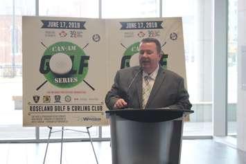 Gordon Orr, CEO of Tourism Windsor Essex and Pelee Island, announcing the Can-Am Golf Series at City Hall, March 21, 2019. Photo by Mark Brown/Blackburn News.