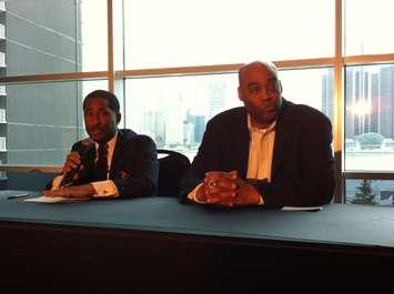 Windsor Express Owner Dartis Willis (left) and Head Coach Bill Jones (right) talk about the upcoming game at the Colosseum at Caesars Windsor, December 10, 2014. (photo by Mike Vlasveld)