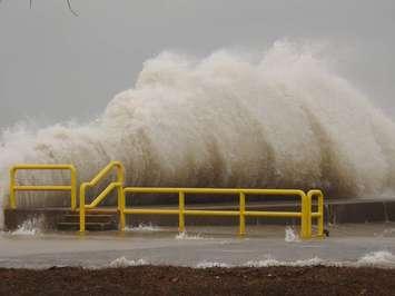 Lake waves crash on the pier at Erieau on April 14, 2018. Photo by Diane Smith.