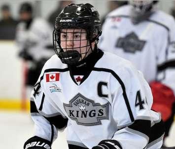 Nathan Staios in action with the Vaughan Kings.  Staios, the son of former NHL player Steve Staios, was taken by the Windsor Spitfires with their first round pick in the 2017 OHL Priority Selection (Photo courtesy of ontariohockeyleague.com)