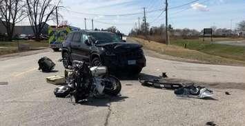 A crash involving a vehicle and a motorcycle on April 8 on County Road 42 in Tecumseh. (Photo courtesy of the Ontario Provincial Police)