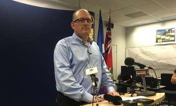 Windsor Mayor Drew Dilkens provides the media with an update on the city's response to tornado, August 25, 2016. (Photo by Maureen Revait)
