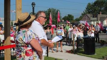 CUPE Local 2974 library workers rally at the grand opening of the McGregor Parkette on day 41 of the strike, August 4, 2016. (Photo by Maureen Revait)