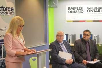 June Muir, CEO of the Unemployed Help Centre, at the podium, Stephen MacKenzie, CEO of the Windsor-Essex Economic Development Corporation; and Justin Falconer of Workforce Windsor-Essex, introduce a new job search and labour market tool on May 7, 2019. Photo by Mark Brown/Blackburn News.