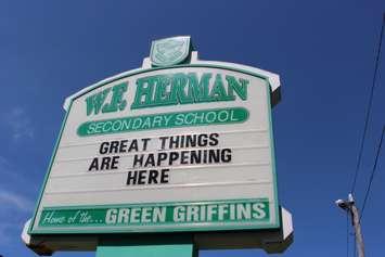 The sign in front of W.F. Herman Secondary School in Windsor.  (Photo by Adelle Loiselle.)
