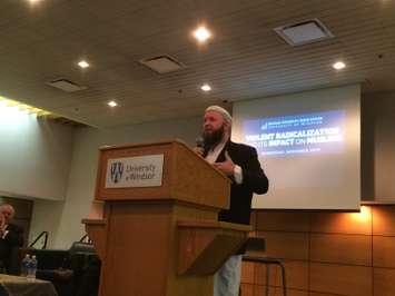 Mohammed Robert Heft, de-radicalization and counter-terrorism expert, speaking as a panelist at the Violent Radicalization and its Impact on Muslim forum hosted by Windsor Muslim Students' Association at the University of Windsor on November 26, 2014. (Photo by Ricardo Veneza)