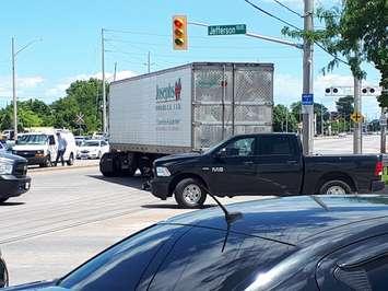 A crash in Windsor between a transport truck and what appears to be a mobility chair is snarling traffic on the east side. June 21, 2019. (Photo by Mark Brown)