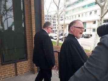 Former Kingsville Fire Chief Robert Kissner, left, leaves court on April 16, 2019 after being convicted on nine sex-related charges. Photo by Mark Brown, Blackburn News.