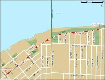 The route of this year's annual Santa Claus Parade in Windsor. (courtesy of Windsor Parade Corporation.)