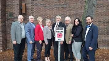 Lakeshore Mayor Tom Bain and members of town council show off their new veterans' parking spaces, November 19, 2019. Photo courtesy Town of Lakeshore.
