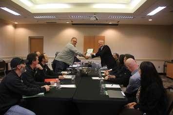 Unifor begins bargaining with TQRSS, April 11, 2023. (Photo by Maureen Revait) 