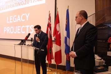 MP Peter Fragiskatos and Windsor Mayor Drew Dilkens announce grant funding in honour of Canada150, February 17, 2017. (Photo by Maureen Revait)