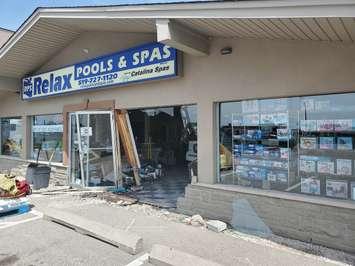 A business damaged by a car crash is seen on Patillo Road in Lakeshore, May 20, 2021. Photo provided by Ontario Provincial Police.