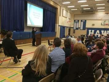 Essex Councillor Sherry Bondy speaks to the crowd at Harrow District High School at a public input session on March 2, 2015. (Photo by Ricardo Veneza)