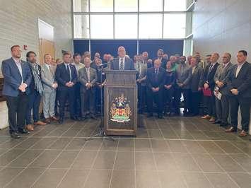 Windsor Mayor Drew Dilkens gathers regional stakeholders to show support for NextStar Energy battery facility, May 29, 2023. (Photo by Maureen Revait) 