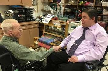 Minister of Veterans Affairs Kent Hehr speaks with a resident at London's Parkwood Institute, February 14, 2017. Photo courtesy of the Office of the Minister of Veterans Affairs.