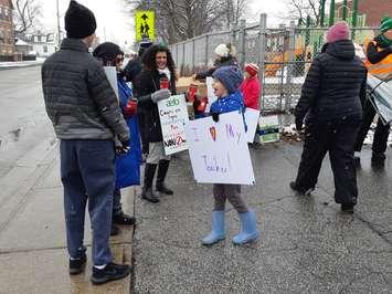 French-language teachers and supporters picket at Ecole Ste. Antoine in Tecumseh, February 13, 2020. Photo by Mark Brown/Blackburn News.