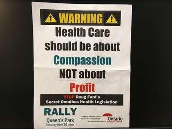 The Ontario Health Coalition (OHC) is warning the province's new omnibus health care bill will mean lost local services. Mar 22, 2019. (Photo by Paul Pedro)