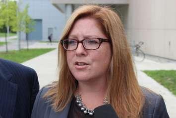 Essex NDP candidate Tracey Ramsey speaks to the media out front of the University of Windsors Centre For Engineering and Innovation, September 9, 2015. (Photo by Mike Vlasveld)