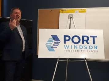 Steve Salmons, president and CEO of the Windsor Port Authority, unveils their new logo and slogan at Sterling Fuels in Windsor, May 8, 2019. Photo by Mark Brown/Blackburn News.