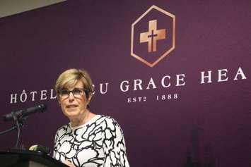 Claudia den Boer, board chairperson of Canadian Mental Health Association Windsor-Essex County, announcing an expanded partnership with Hotel-Dieu Grace Healthcare, on March 15, 2019. Photo by Mark Brown/Blackburn News.
