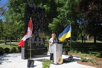 Leisha Nazarewich, president of the Ukrainian Canadian Congress Windsor Branch at the rededication of the Holodomor Monument in Jackson Park, June 23, 2022. (Photo by Maureen Revait) 