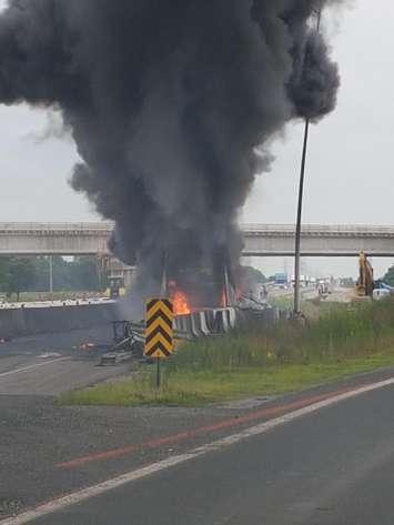 Emergency crews respond to a transport truck fire on Hwy. 401 in Chatham, July 13, 2017. (Photo courtesy of the OPP)