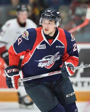 Logan Brown of the Windsor Spitfires. (Photo courtesy of Terry Wilson via OHL Images.)