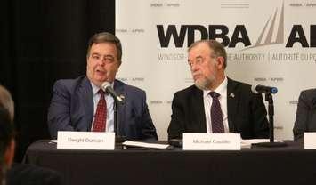 President and CEO of the Windsor-Detroit Bridge Authority Michael Cautillo (right) and WDBA Chair of the Board Dwight Duncan (left) at the WDBA Annual Public Meeting, April 28, 2017. (Photo by Mike Vlasveld)