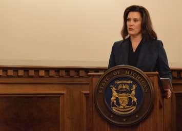 Michigan Governor Gretchen Whitmer speaks at a National Guard event in Lansing, January 1, 2019. Photo by  1st Lt. Andrew Layton, U.S. Air National Guard/Public Domain