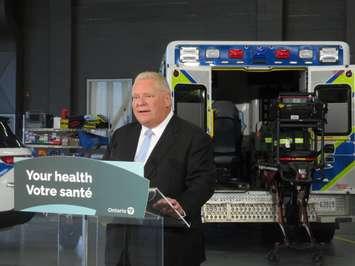 Premier Doug Ford speaks at Middlesex-London Paramedic Headquarters. Photo by Rebecca Chouinard.