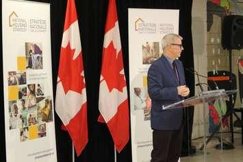 MP Adam Vaughan, parliamentary secretary for the Minister of Families, Children and Social Development, housing and urban affairs, discusses the National Housing Strategy at IRIS House in Windsor, December 1, 2017. Photo by Mark Brown, Blackburn News.