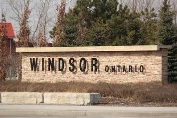 A brick sign welcoming drivers to Windsor is seen at Walker Road near the 401 on March 7, 2016.