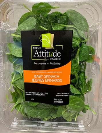 Fresh Attitude brand baby spinach with best before dates of December 4 and 5, 2020 being recalled. Photo courtesy of the Canadian Food Inspection Agency.
