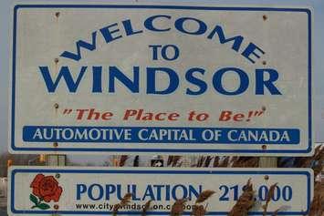 An official City of Windsor welcome sign is photographed on northbound Walker Road near the 401 on March 7, 2016.