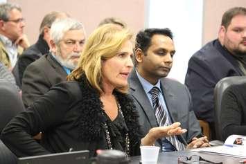 Windsor Essex Economic Development Corporation CEO Sandra Pupatello (centre) and Chief Operations Officer Rakesh Naidu (right) speak to Windsor City Council, while Essex County Warden Tom Bain looks on, March 23, 2015. (Photo by Mike Vlasveld)