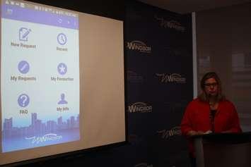 311 call centre manager Alena Sleziak demonstrates Windsor's new 311 app at City Hall, March 1, 2019. Photo by Mark Brown/Blackburn News.